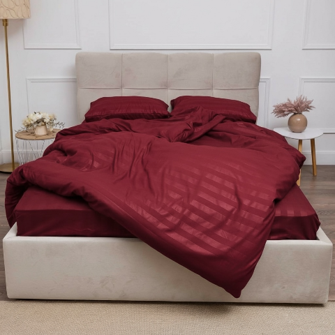 Комплект постільної білизни страйп-сатин, бордовий, двоспальний – преміум якість