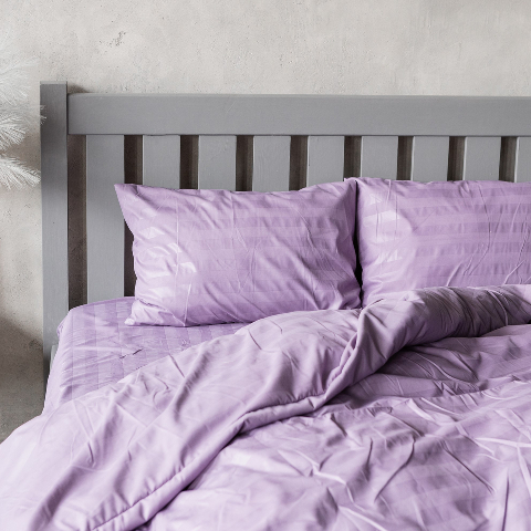 Комплект постільної білизни страйп-сатин, бузковий, двоспальний на резинці – преміум якість