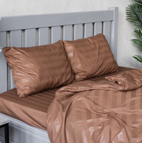 Комплект постільної білизни страйп-сатин, коричневий, двоспальний на резинці – преміум якість