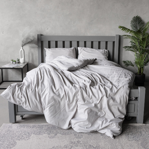 Комплект постільної білизни страйп-сатин, світло - сірий, двоспальний на резинці – преміум якість