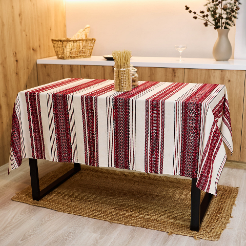 Скатертина з українським вишитим орнаментом, напівбавовна 120 х 150 см – етностиль для дому та свят (мст6-1-12)