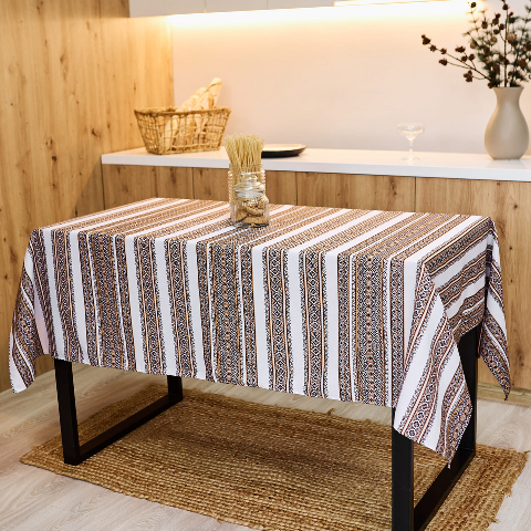 Скатертина з українським вишитим орнаментом, напівбавовна 120 х 150 см – етностиль для дому та свят (анс3-4-12)